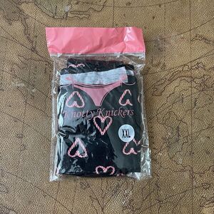 NEW. Knotty Knickers. XXL. Black w/ Pink Hearts. Cotton.  Bikini Brief Panties.